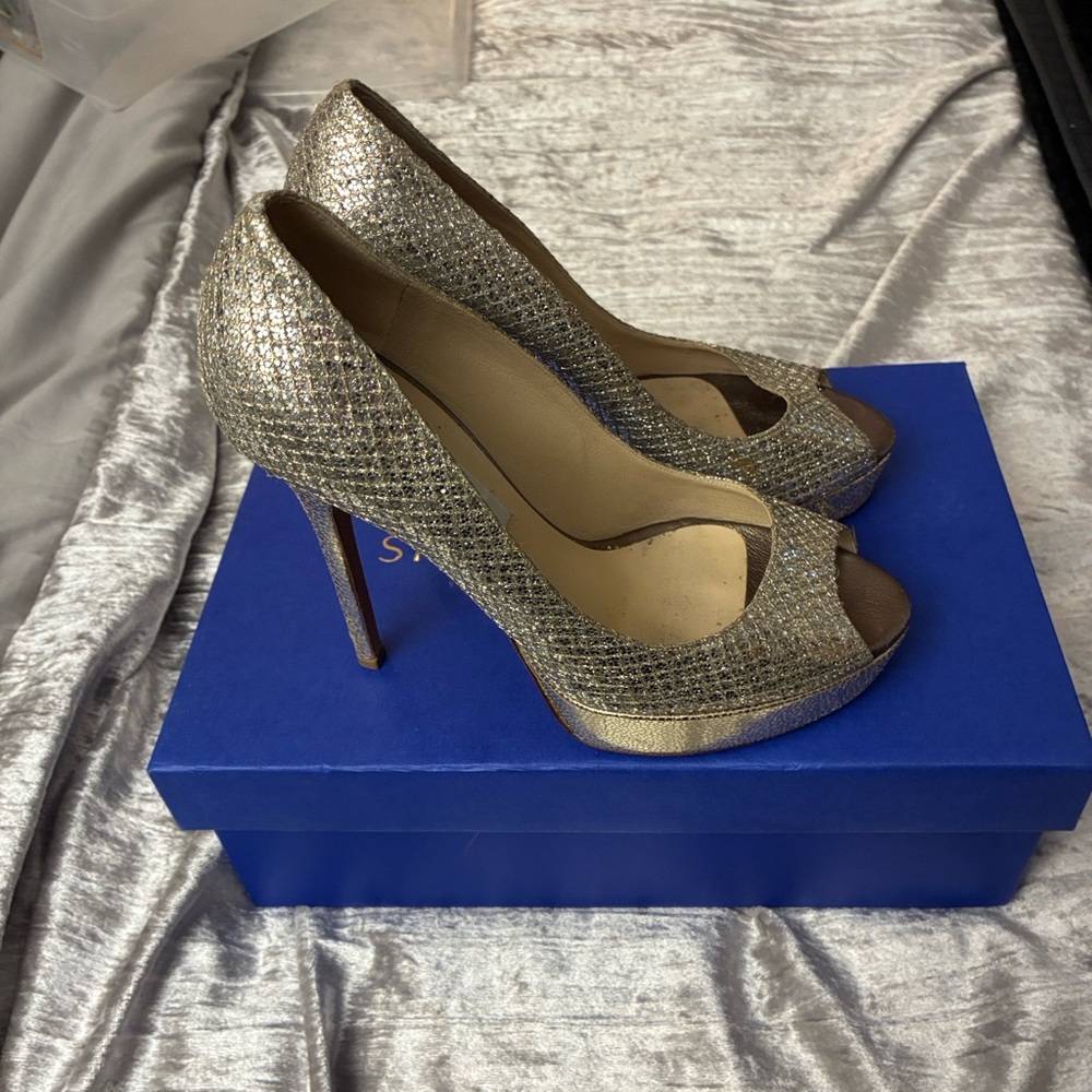 Jimmy Choo Sparkling Silver/Gold Peep Toe Heels